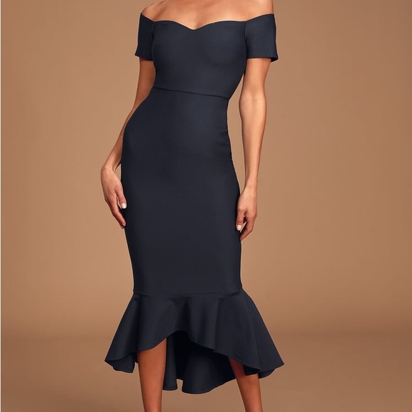 How Much I Care Midnight Blue Off-the-Shoulder Midi Dress - Picture 1 of 4